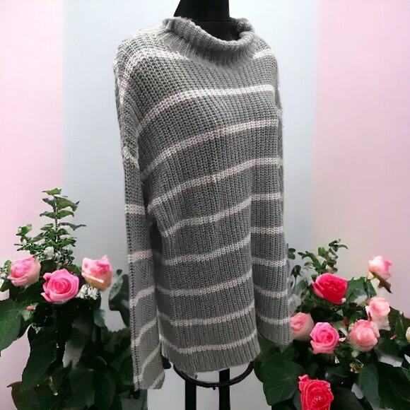 Caslon Womens Large Sweater Gray Pink Stripe Mock Neck Chunky Knit NWT - Picture 6 of 16